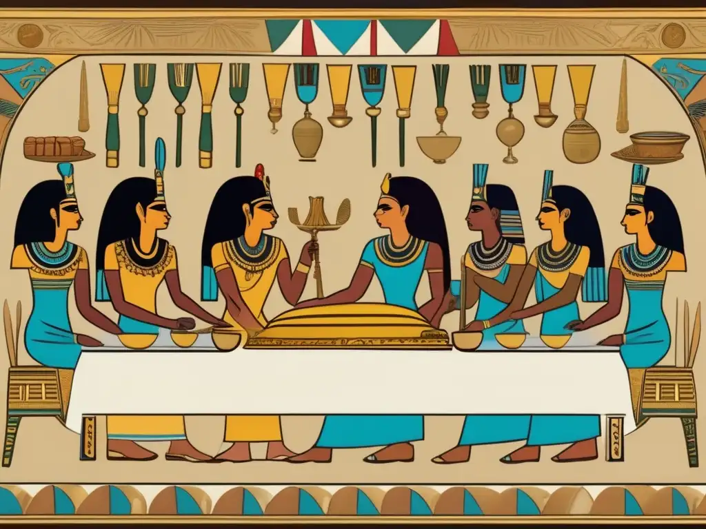 Un emocionante banquete funerario en el antiguo Egipto, con mesa adornada, comensales vestidos de luto y ambiente histórico