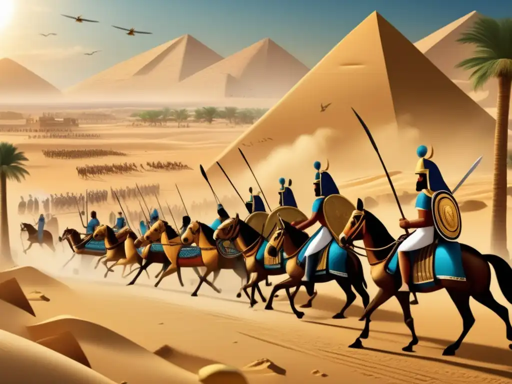 Un emocionante conflicto militar en el antiguo Egipto, con soldados egipcios y sus enemigos en una batalla épica