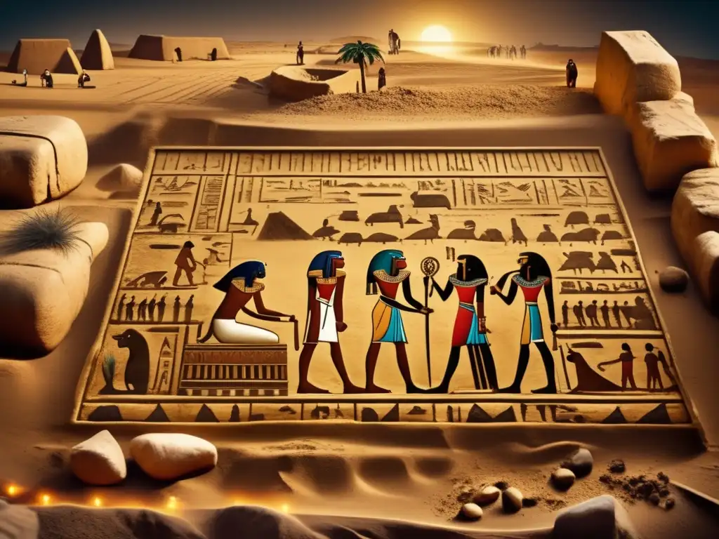 Emocionante descubrimiento de papiros perdidos del antiguo Egipto en un sitio arqueológico, con arqueólogos examinando cuidadosamente los tesoros