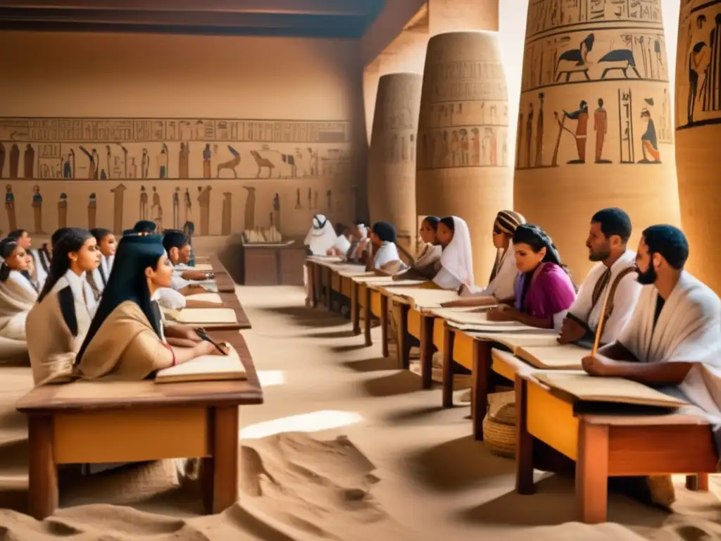 Una emocionante escena de una antigua aula egipcia llena de estudiantes y un maestro