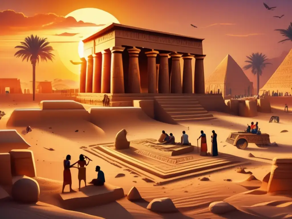 Emocionante escena al atardecer en un templo egipcio antiguo, cubierto parcialmente de arena, con pilares derruidos y tallados intrincados