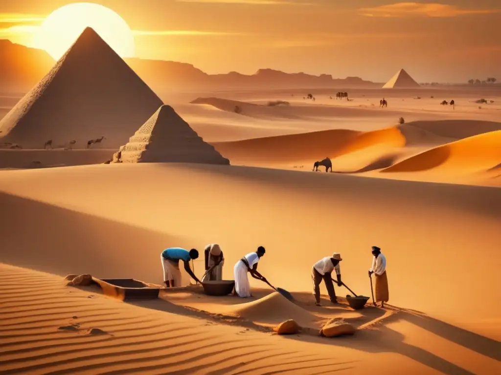 Emocionante escena en el desierto de Egipto, donde arqueólogos descubren tesoros antiguos bajo la cálida luz dorada