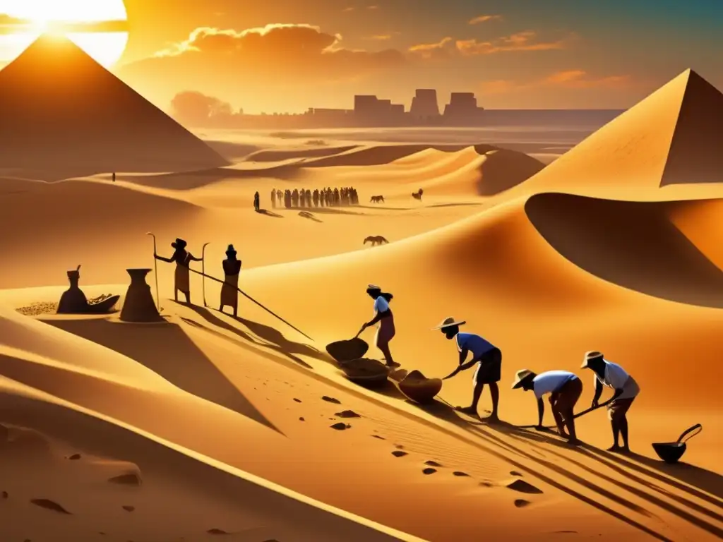 Emocionante escena de excavación arqueológica en Egipto antiguo, revelando los orígenes y desarrollo de la civilización egipcia