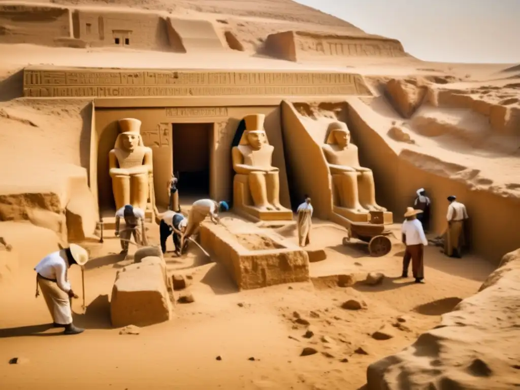 Emocionante excavación en una tumba egipcia con arqueólogos vestidos al estilo vintage y un robot explorador en ruinas
