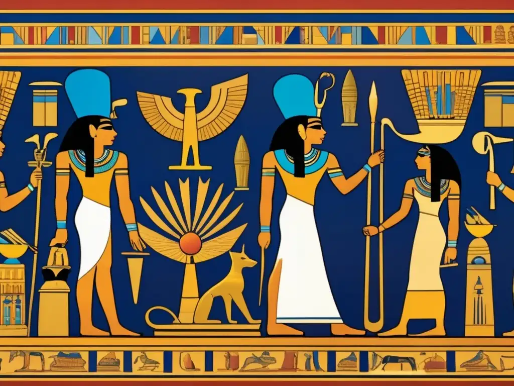 Una emocionante paleta cromática de la decoración del Antiguo Egipto cobra vida en un detallado mural egipcio vintage