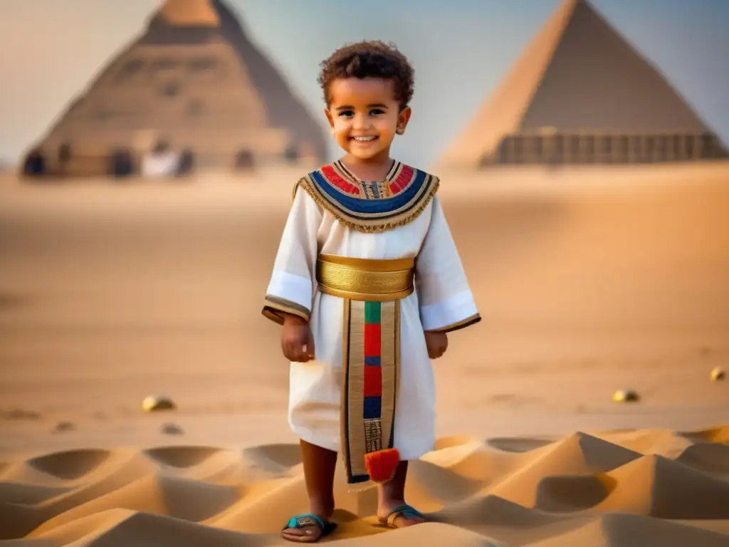Una emotiva imagen de un niño vestido con trajes tradicionales del Antiguo Egipto, rodeado de majestuosas pirámides