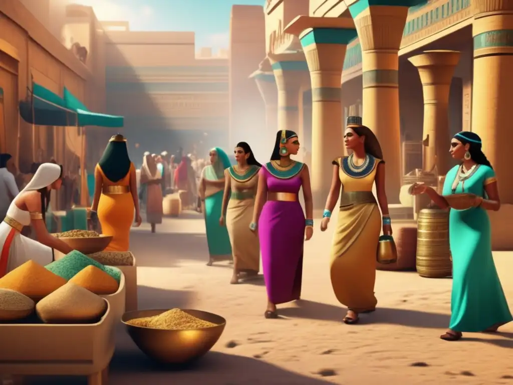 Empresarias en el comercio del Antiguo Egipto: Mujeres egipcias en un bullicioso mercado, negociando, intercambiando mercancías y mostrando su espíritu emprendedor