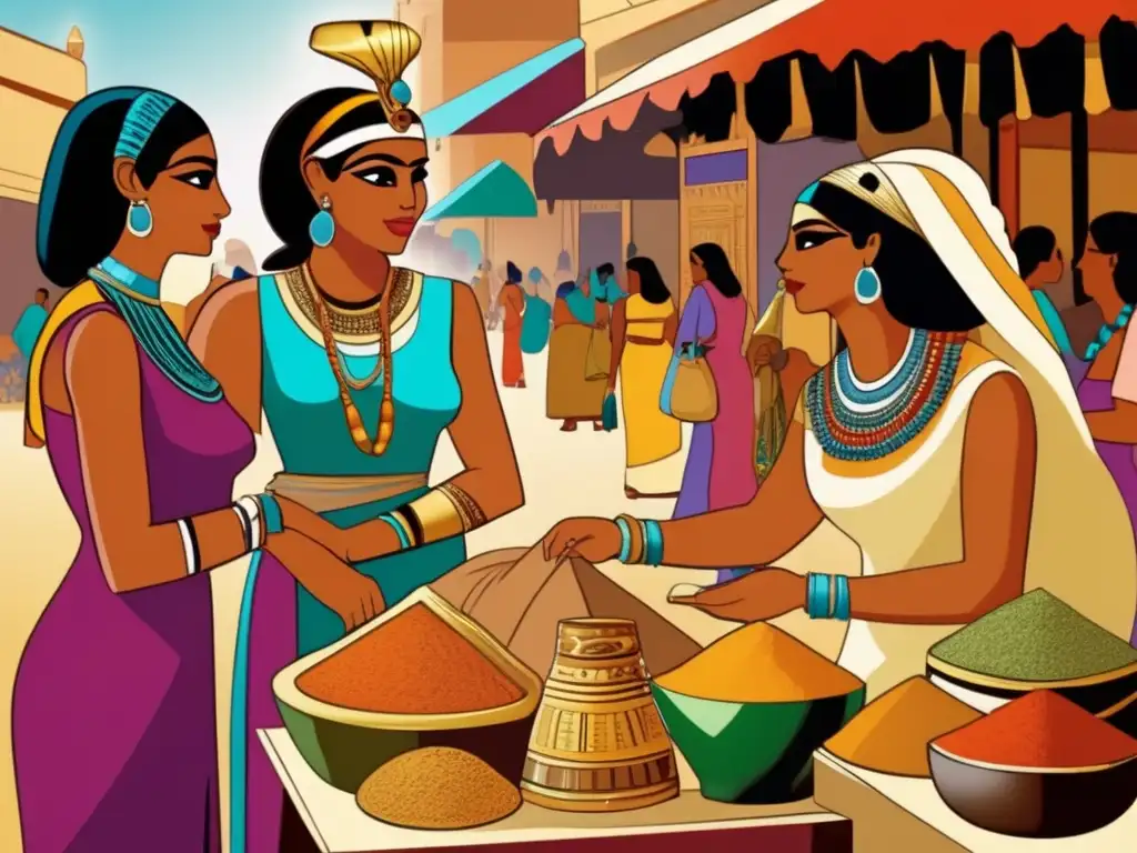 Empresarias en el comercio del Antiguo Egipto: Tres mujeres egipcias antiguas, ataviadas con elaborados y coloridos vestidos y joyas, negocian con confianza en un animado mercado rodeado de mercancías exóticas