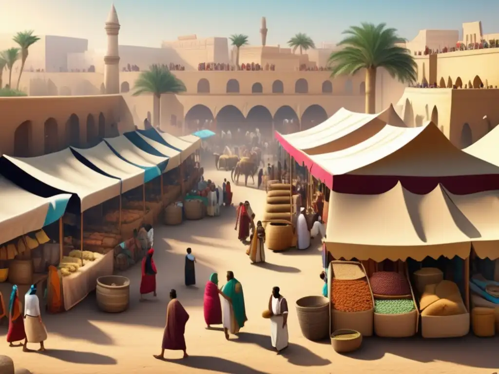 Enclave comercial Maadi en el Periodo Predinástico: Vibrante mercado lleno de comerciantes, baratijas y conversaciones animadas
