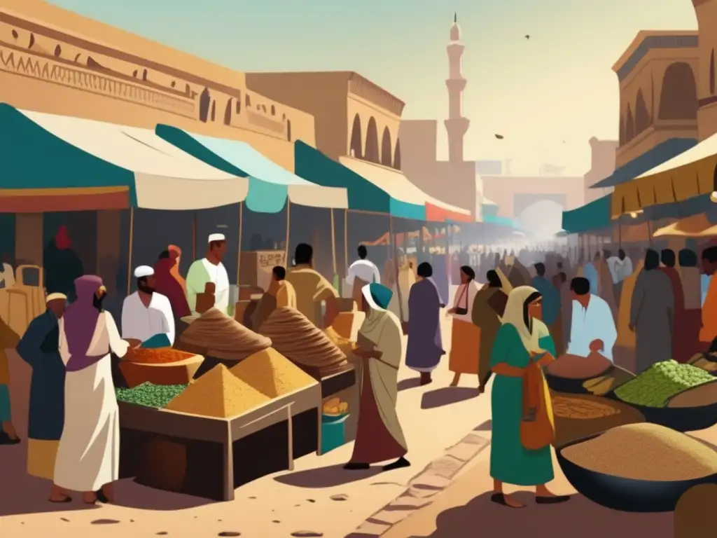 Enérgico mercado egipcio del Primer Periodo Intermedio, mostrando la resilencia y adaptabilidad del pueblo