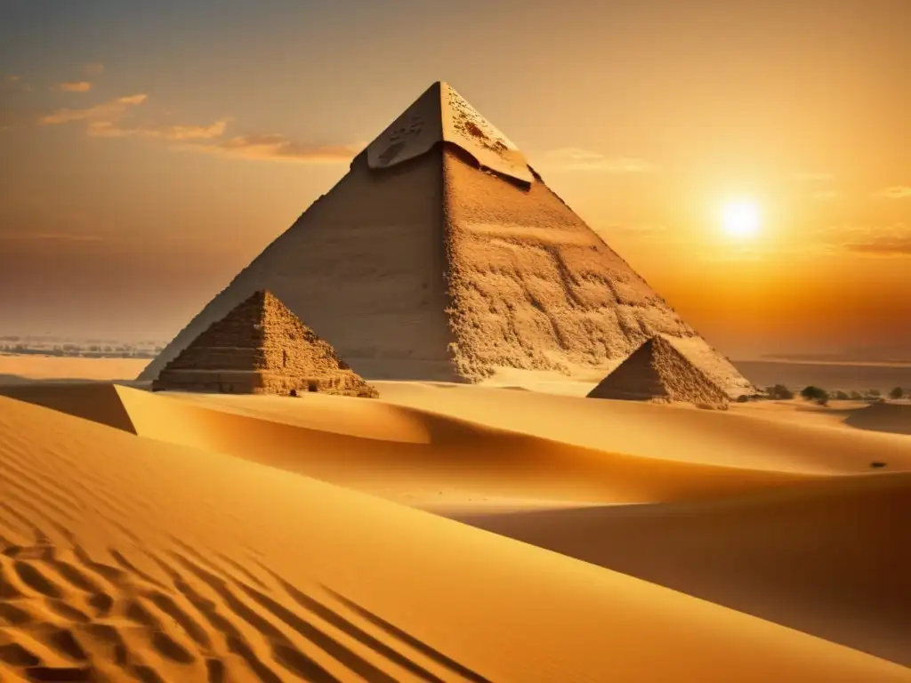 El enigma de la construcción desvelado en la majestuosa Gran Pirámide de Giza, iluminada por los rayos cálidos del atardecer en el desierto dorado