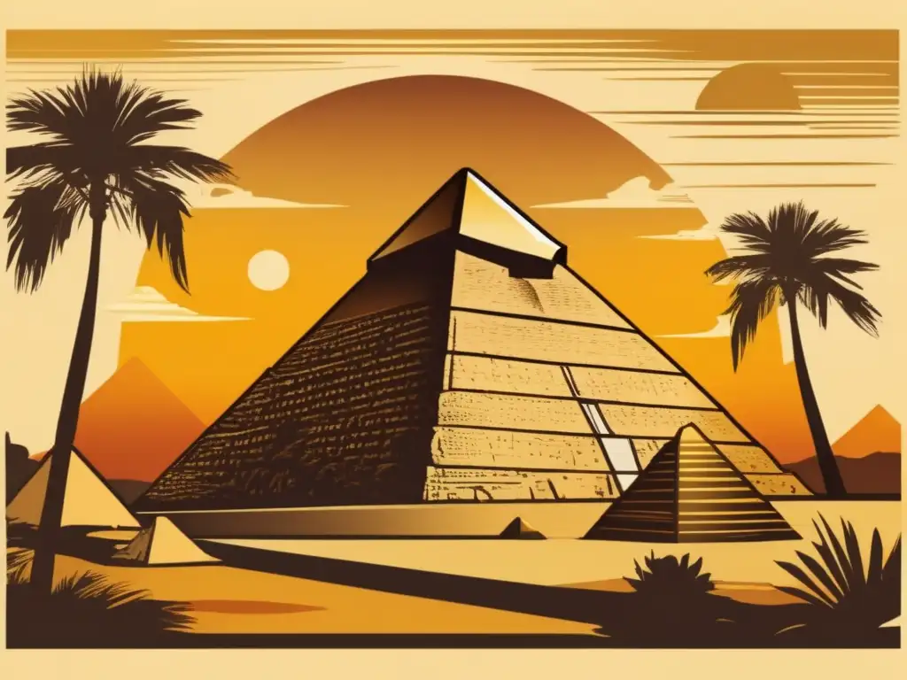 El enigma de la construcción cobra vida en una ilustración vintage de la Gran Pirámide de Giza, majestuosa y misteriosa en el atardecer dorado