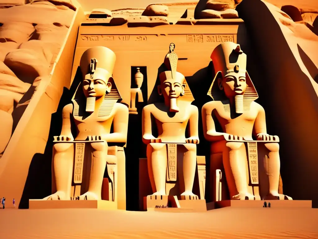 Maravilla dorada de Abu Simbel: templos ancestrales y estatuas colosales Enigma de las estatuas gigantes de Abu Simbel, guardianes misteriosos bañados en el cálido resplandor dorado del atardecer