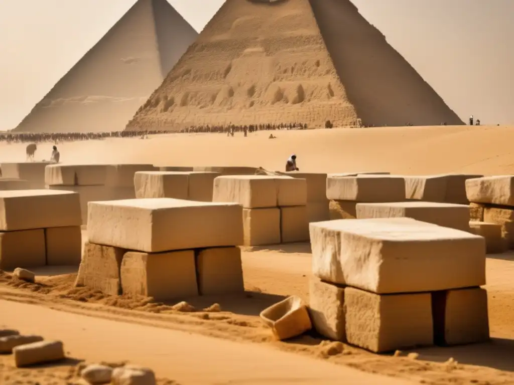 El enigma de la construcción: Trabajadores sudorosos bajo el sol abrasador, apilando bloques de piedra en la majestuosa Gran Pirámide de Giza