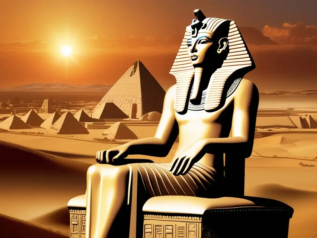 Enigma Akhenatón en su trono, rodeado de la antigua ciudad de Amarna