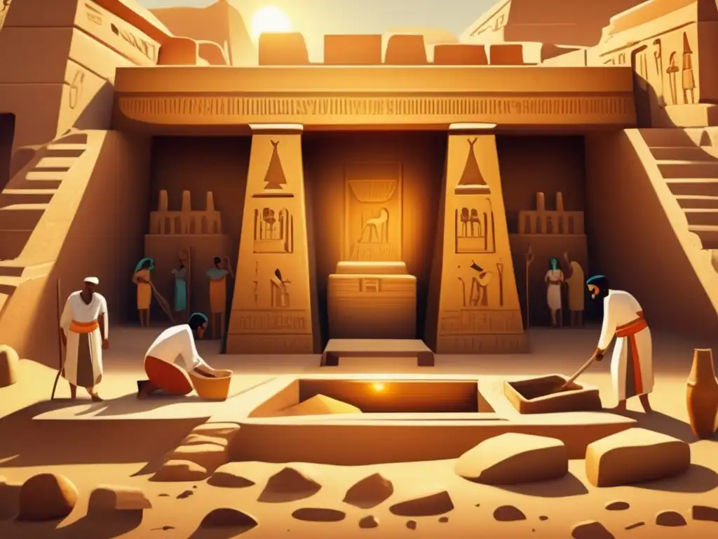 Enigmas arqueológicos del Periodo Tardío en Egipto: arqueólogos excavando meticulosamente una tumba antigua, rodeados de artefactos y jeroglíficos