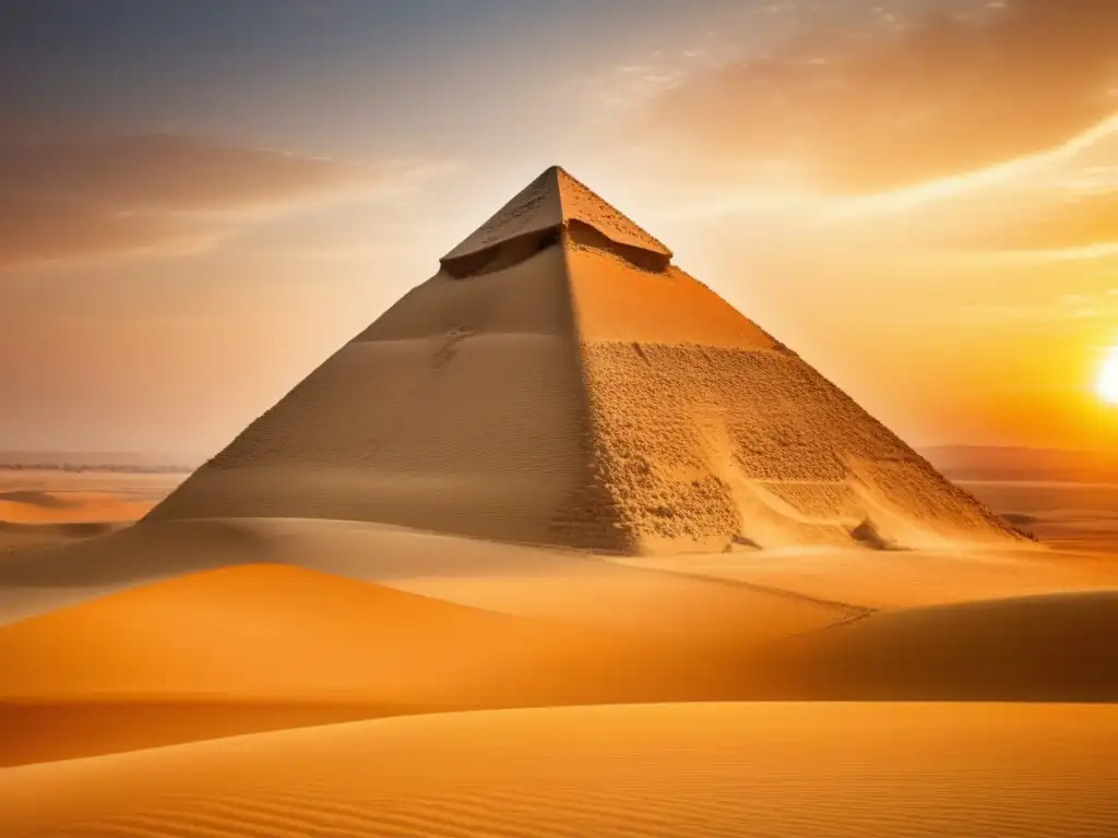 La enigmática Pirámide Acodada de Dahshur se alza imponente sobre dunas de arena dorada al atardecer