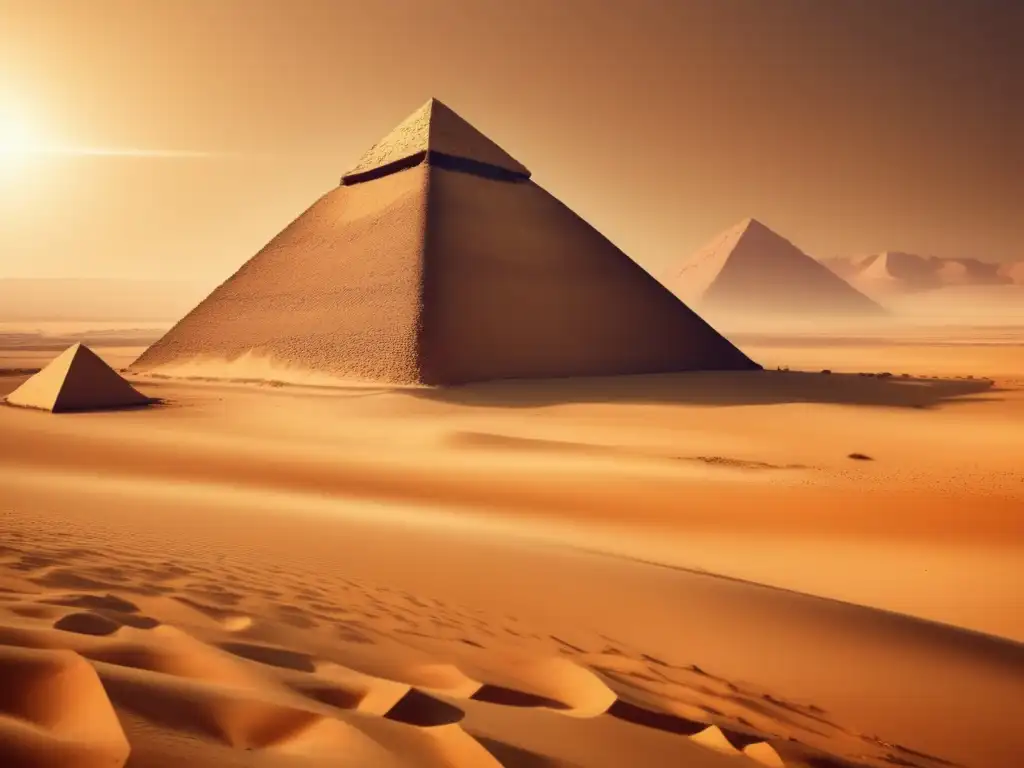 La enigmática Pirámide Acodada de Dahshur emerge en el vasto desierto, rodeada de un paisaje vintage y cálido