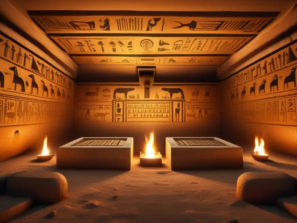 Enigmática tumba egipcia antigua, iluminada por antorchas parpadeantes