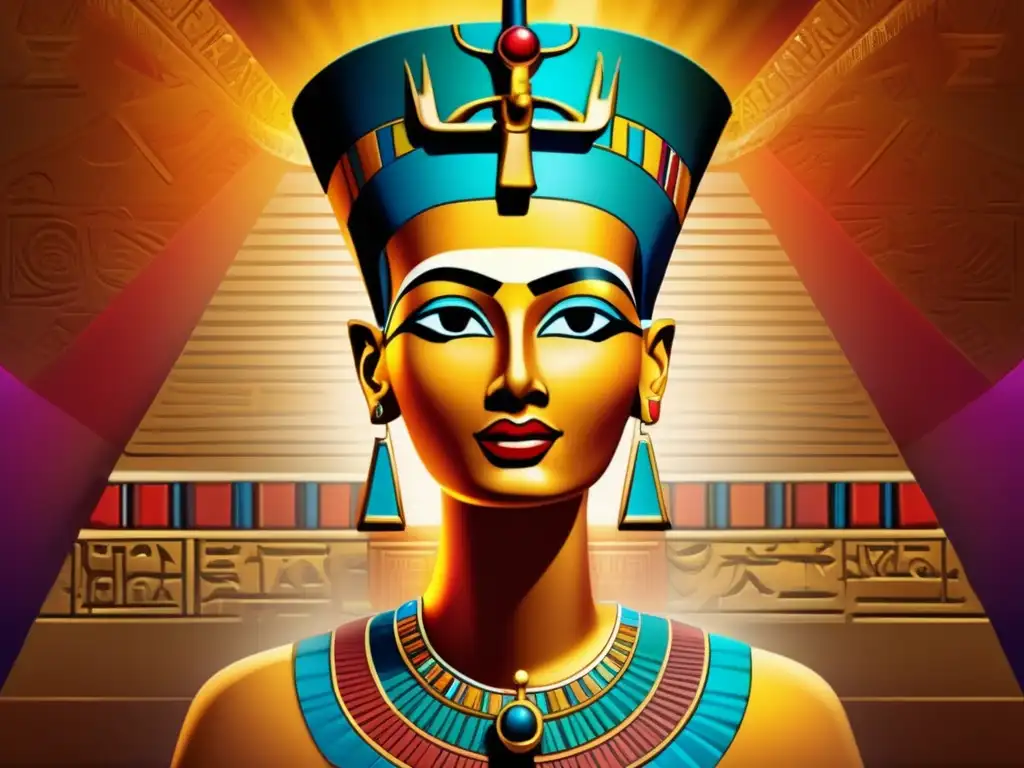 Nefertiti, enigmática y hermosa, resplandece entre jeroglíficos y arte antiguo, evocando su rol en el culto a Atón