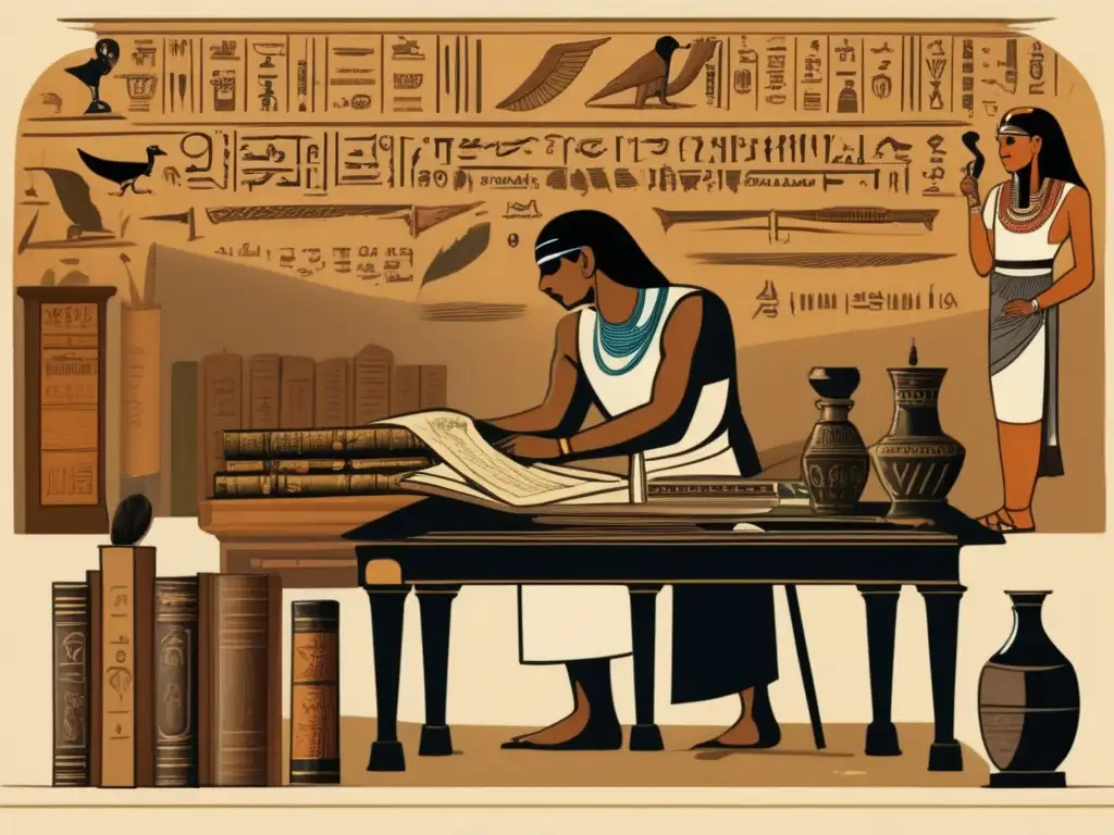 Enigmática reconstrucción del lenguaje demótico egipcio en una brillante ilustración vintage