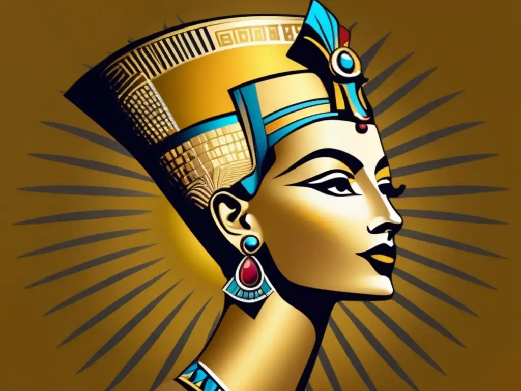 La enigmática Reina Nefertiti, soberana radiante del antiguo Egipto, se muestra majestuosa frente al sol dorado