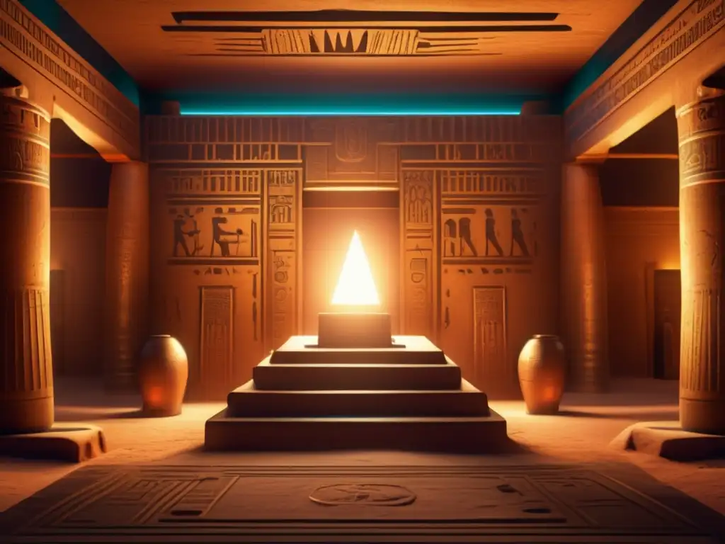 Enigmática sala egipcia iluminada por una débil luz