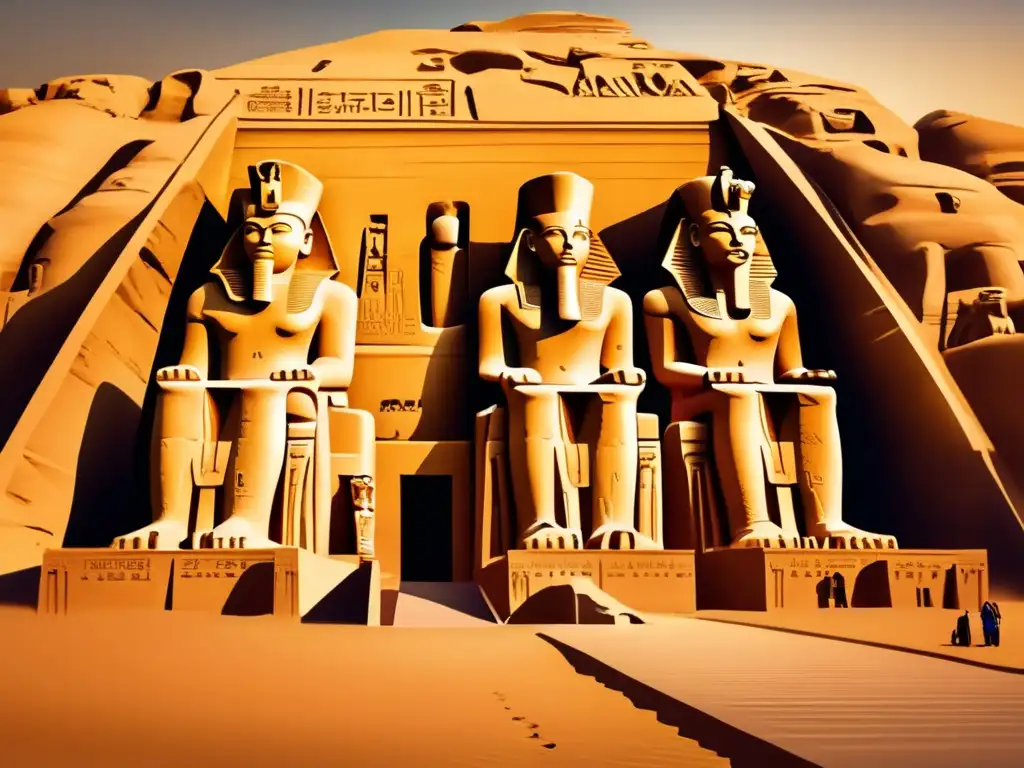 Los misteriosos colosos de Abu Simbel: un viaje al pasado de Egipto Las enigmáticas estatuas gigantes de Abu Simbel se alzan orgullosamente bajo la cálida luz dorada del atardecer