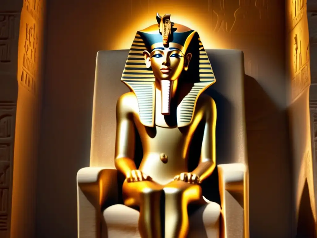 El enigmático Akhenatón, faraón del antiguo Egipto, se muestra sentado en un trono dorado adornado con jeroglíficos