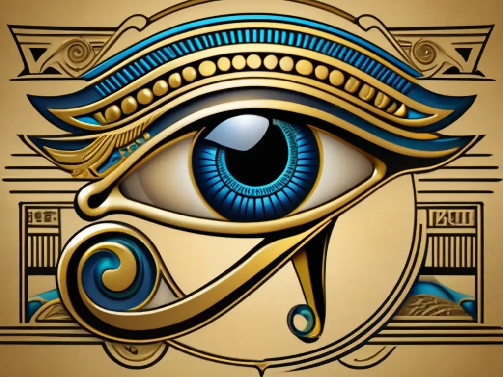 El enigmático Ojo de Horus en una imagen vintage detallada en 8k, con un iris azul vibrante y contornos negros meticulosamente grabados