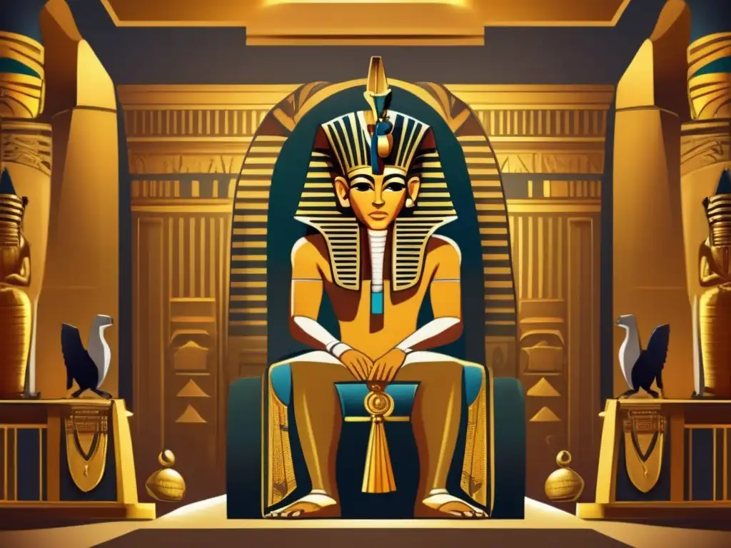 Misterio y autoridad: El faraón Qakare Ibi en su trono dorado El enigmático reinado de Qakare Ibi en Egipto, representado en una imagen con el faraón en su trono dorado, rodeado de mitología y misterio