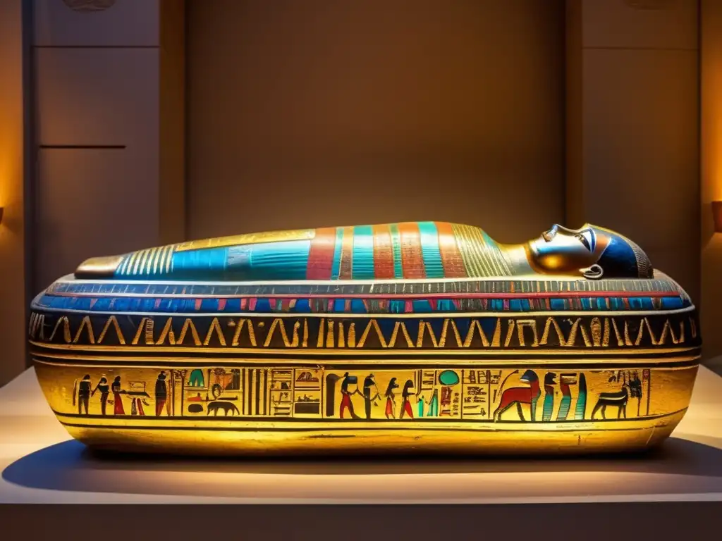 Enigmático sarcófago egipcio antiguo, con jeroglíficos vibrantes y detalles intrincados, brilla en una sala de museo