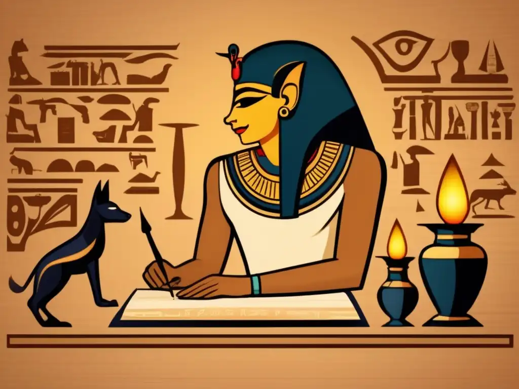 Enigmático scribe egipcio inscribiendo jeroglíficos en papiro