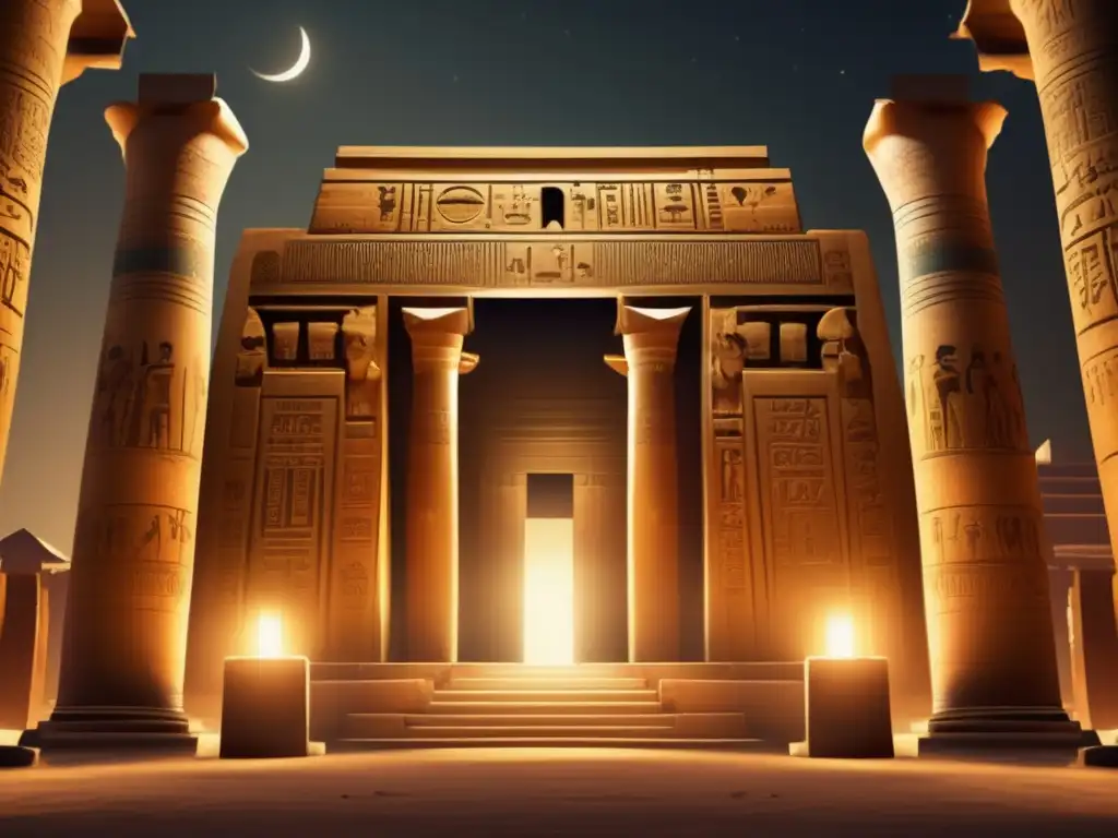 Enigmático templo egipcio, con columnas de piedra y jeroglíficos