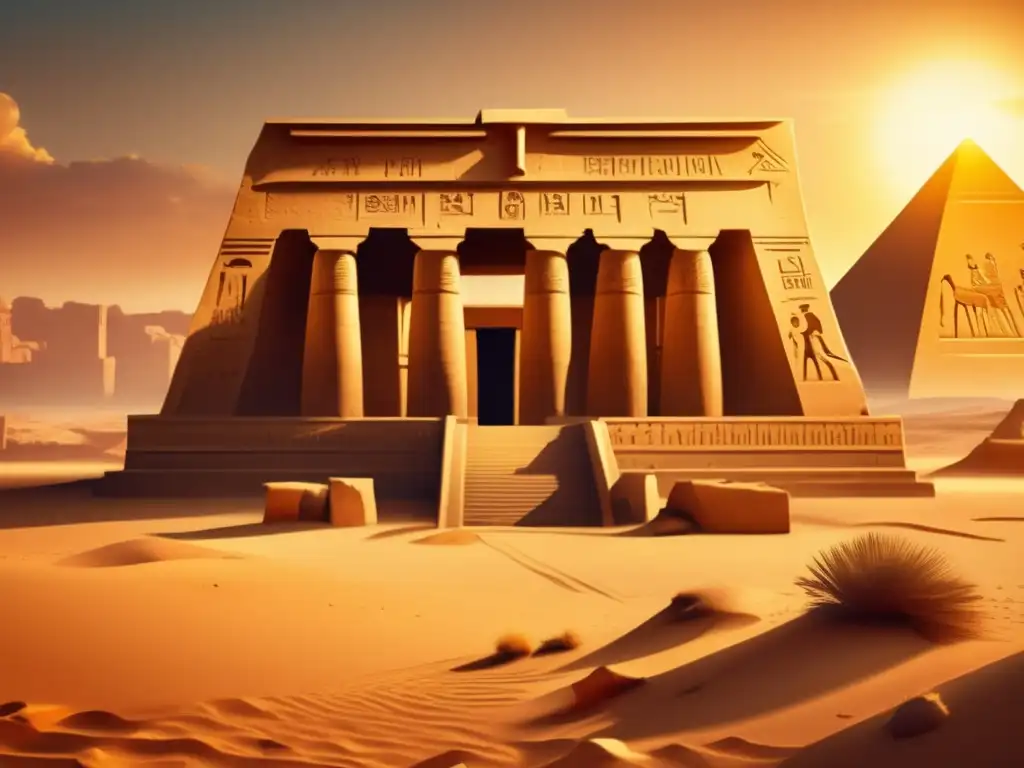 Enigmáticos restos de un antiguo templo egipcio en medio del desierto, con jeroglíficos tallados y la puesta de sol dorada que resalta la escena