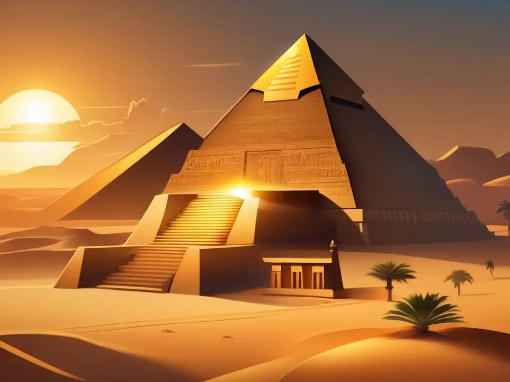 Enseñanza mitología egipcia actualidad: Un majestuoso templo egipcio se alza en un paisaje dorado, rodeado de estudiantes y artefactos antiguos