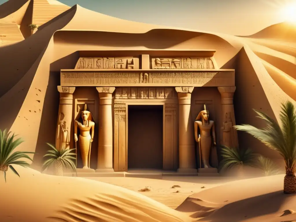 Entrada de la antigua tumba egipcia de Alejandro Magno en Egipto, parcialmente cubierta de arena, rodeada de palmeras y dunas del desierto