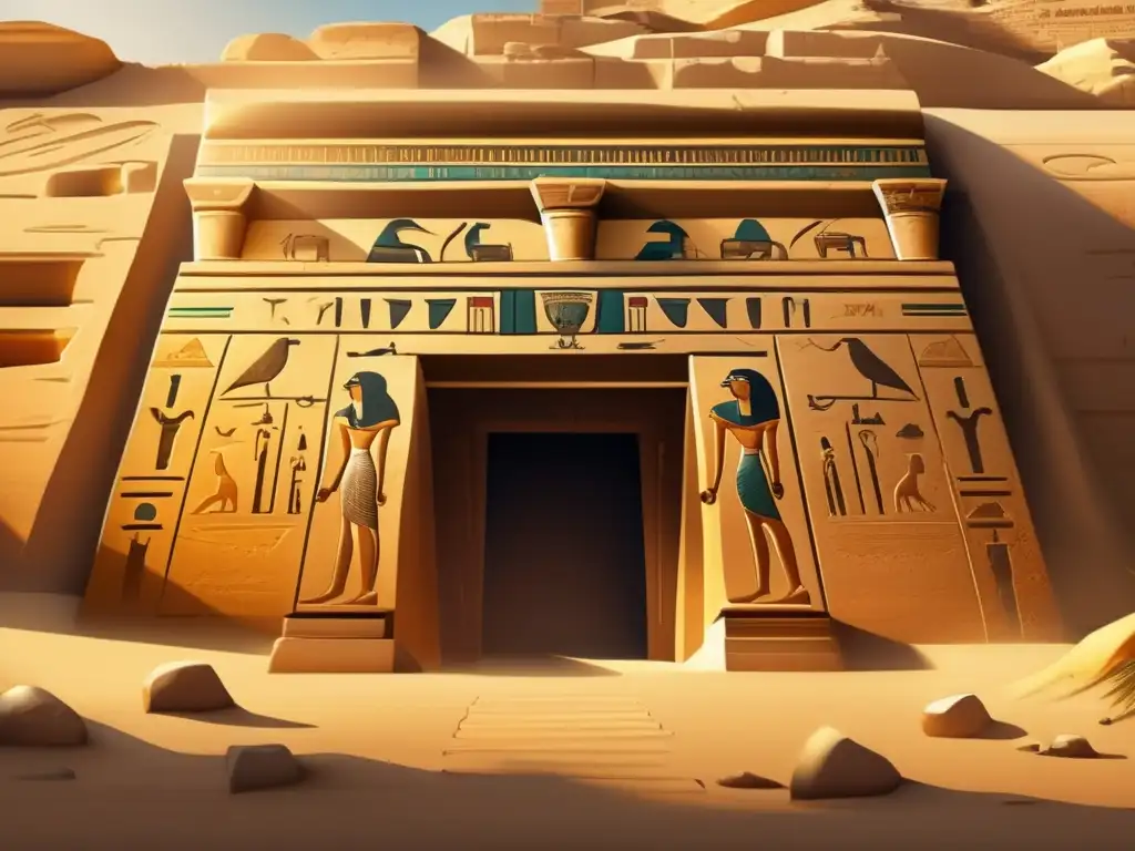 Entrada detallada de una antigua tumba egipcia, iluminada por una cálida luz dorada, con jeroglíficos tallados en las paredes de piedra