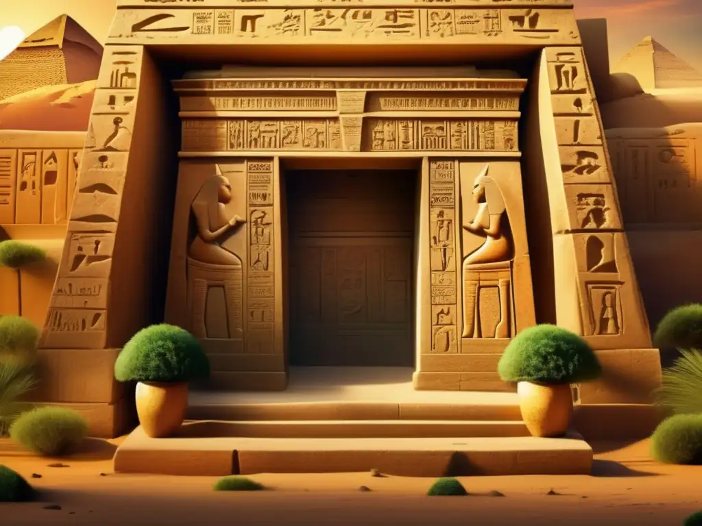 Una entrada de tumba antigua en Egipto, tallada con detalle y en estilo vintage