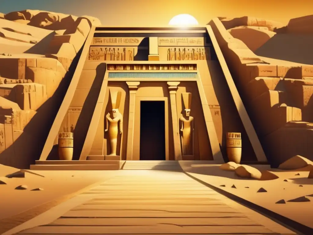 Entrada de la tumba de los Hijos de Ramsés II en el Valle de los Reyes al atardecer, con una cálida luz dorada sobre la antigua estructura de piedra