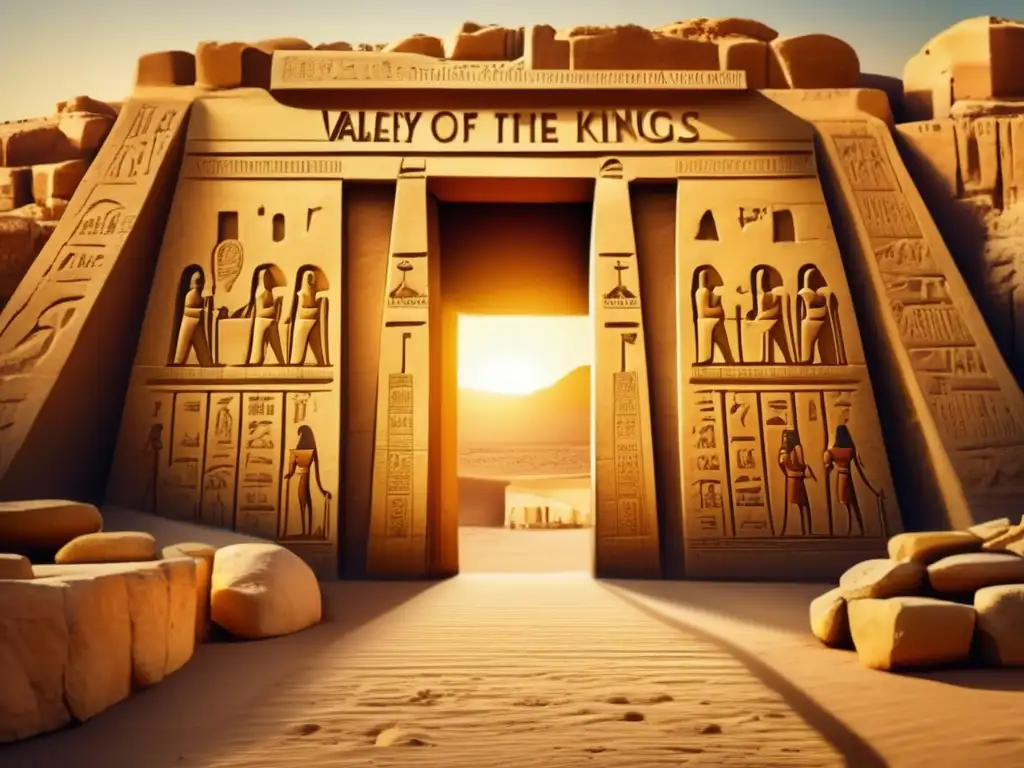 Entrada a los Valles de los Reyes en Egipto, con arco de piedra adornado con jeroglíficos
