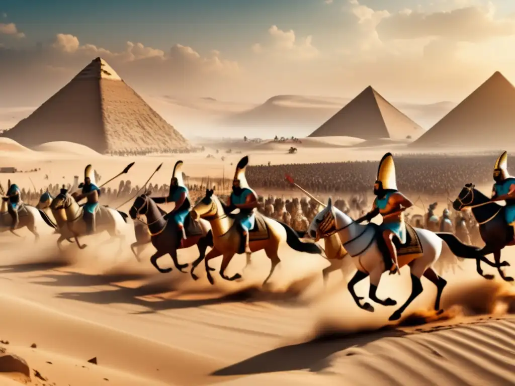 Épica batalla en el antiguo Egipto: guerreros, carros y caos en un paisaje desértico