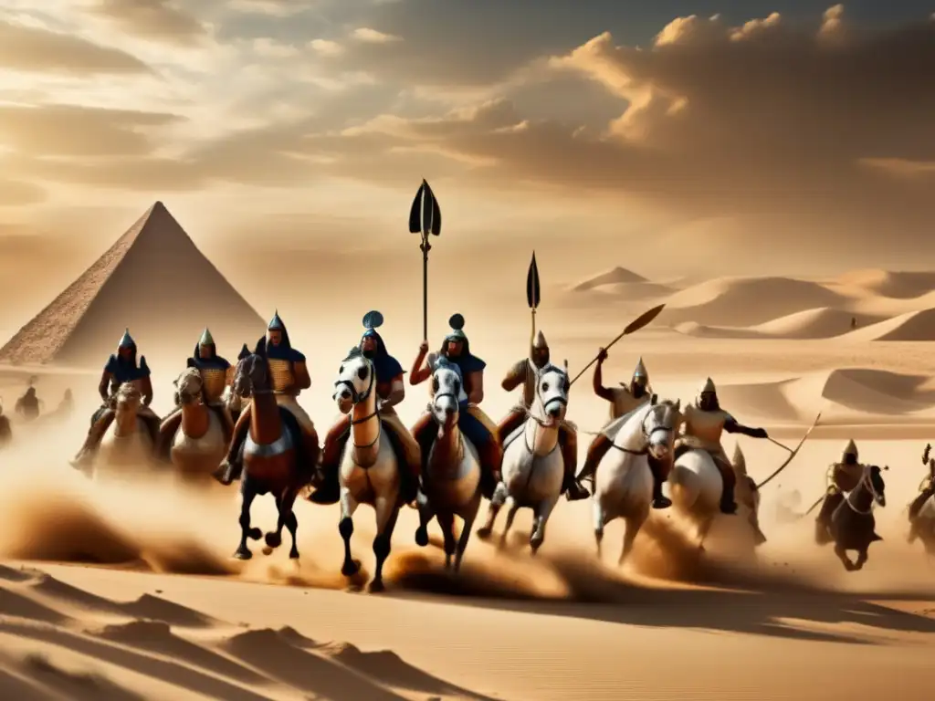 Épica batalla en el antiguo Egipto, tácticas militares egipcias de caballería y carros, en un paisaje desértico con nubes de arena y polvo