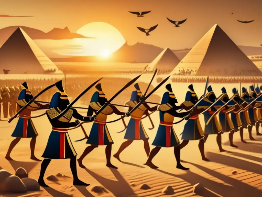 Épica batalla en Egipto, al atardecer dorado, muestra estrategias militares periodo tardío Egipto con soldados y formaciones históricas