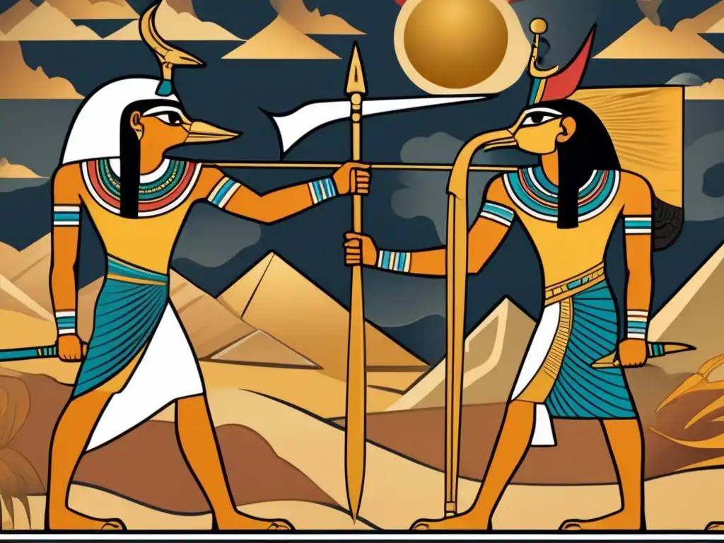 Épica batalla entre los dioses egipcios Horus y Set en un mural detallado