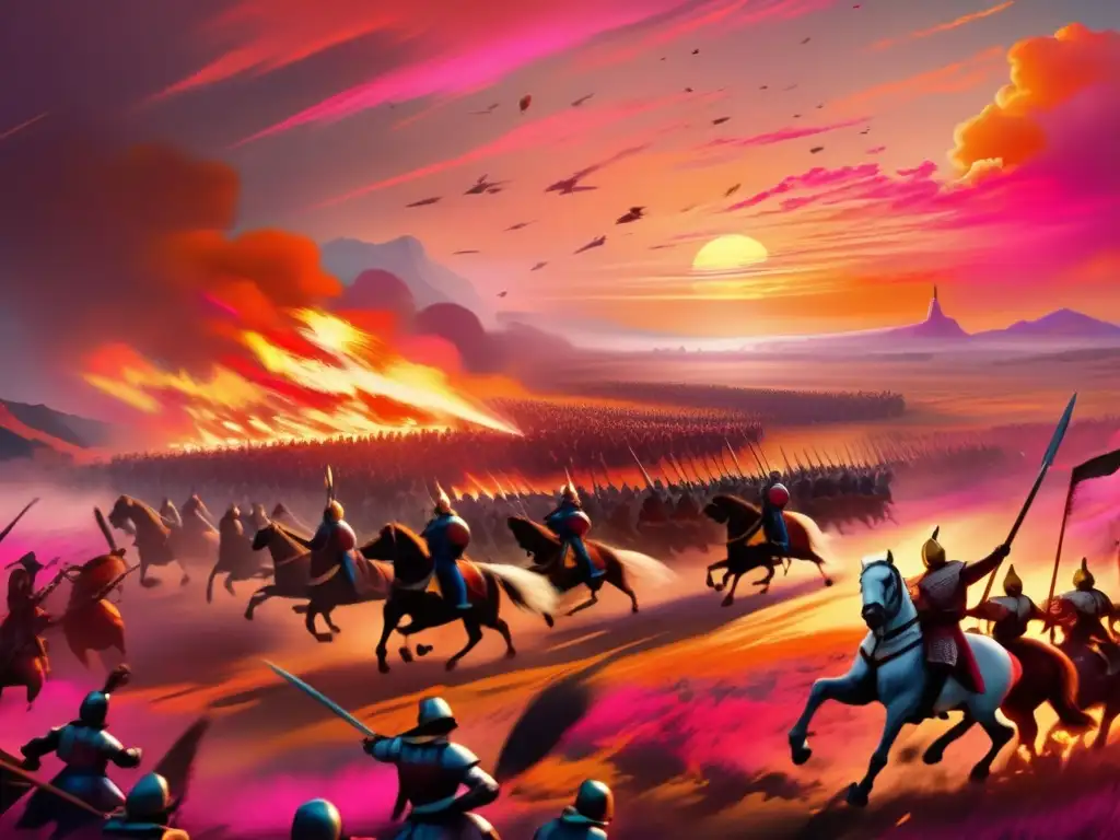 Una épica representación de batallas y festividades en la antigüedad, con combates, ejércitos, carros de guerra y una ciudad en contraste