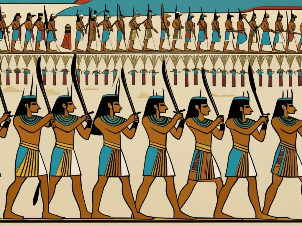 Épica escena de batalla en el antiguo Egipto, con formaciones de combate egipcias, soldados en armaduras y armas tradicionales