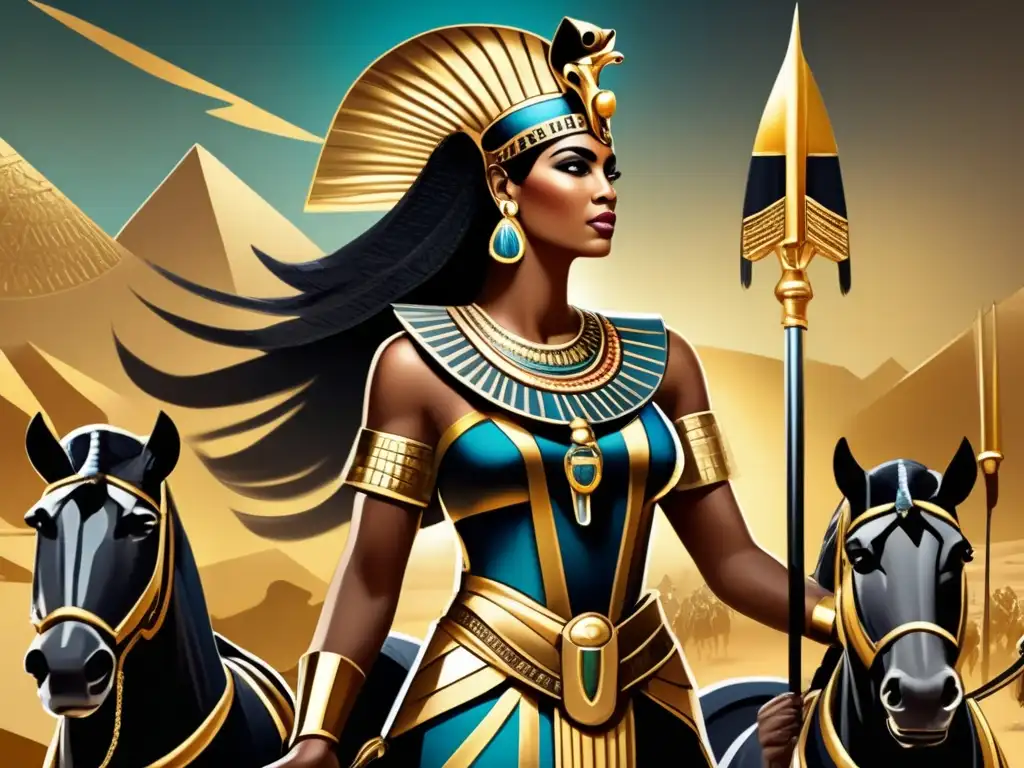 Épica imagen vintage de Cleopatra VII liderando su ejército en batalla
