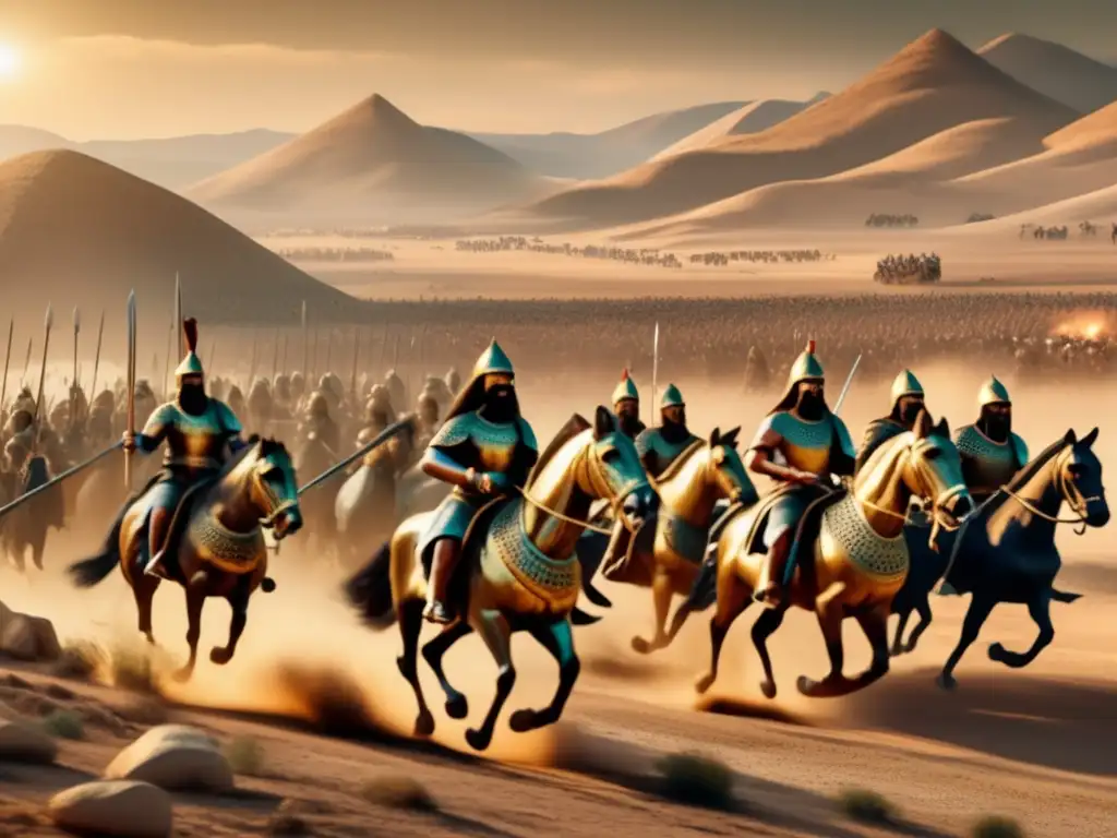Un épico conflicto histórico entre egipcios y hititas, con detallados soldados en armaduras de bronce, escudos y lanzas
