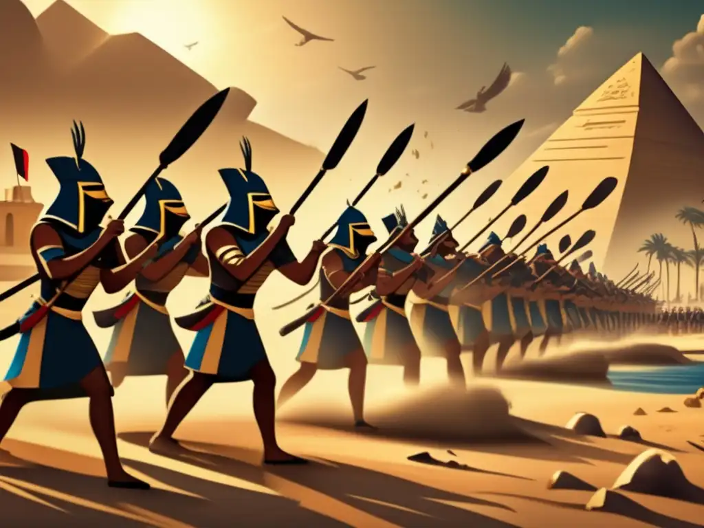 Un épico conflicto militar en el Antiguo Egipto: soldados egipcios luchando ferozmente en las orillas del río Nilo al atardecer